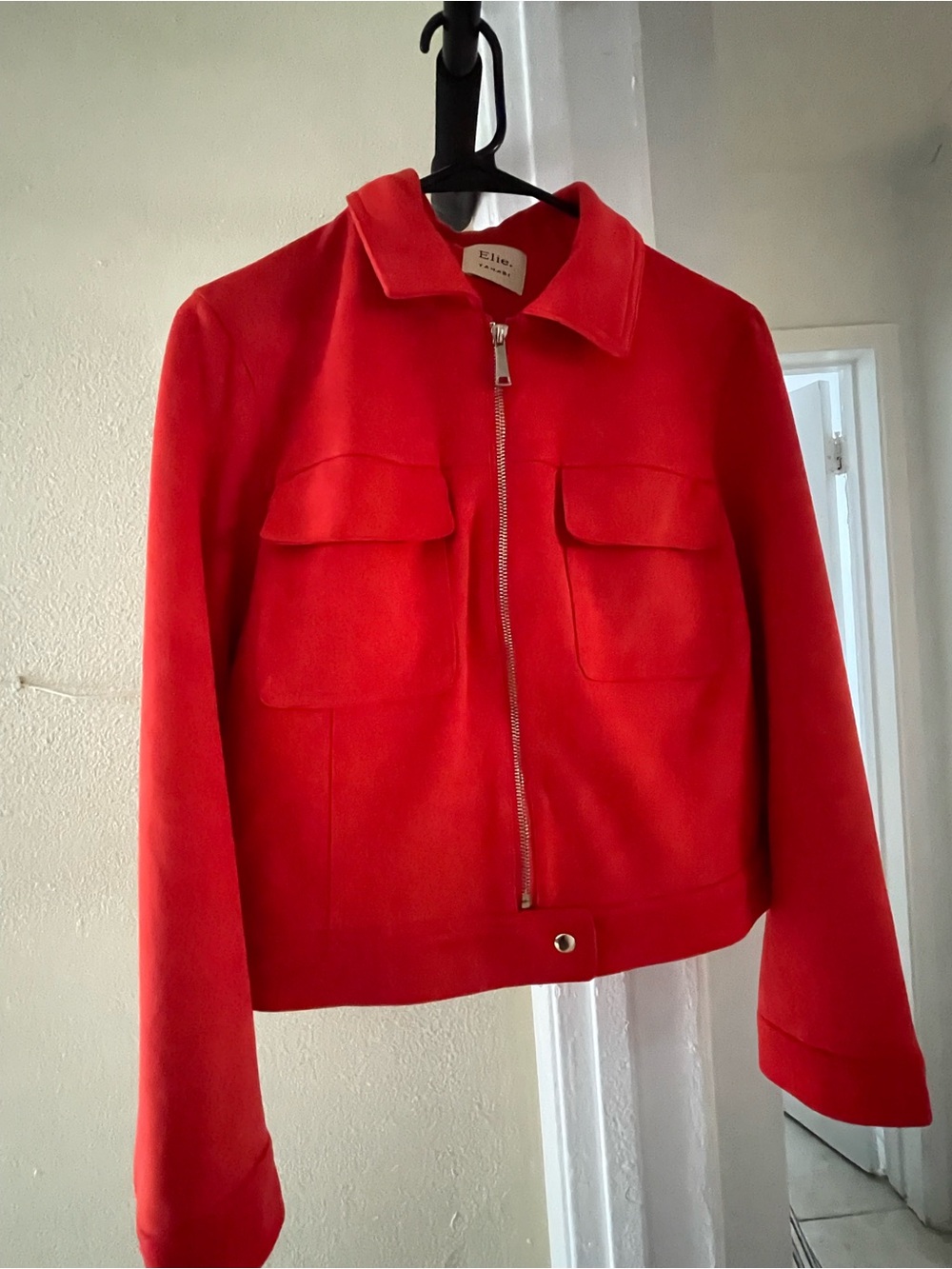Elie. Tahari Vibrant Red-Orange Front-Zip Faux Leather Jacket